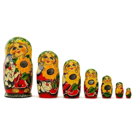Set of 7 Yana with Cat in Red Dress Nesting Dolls 8.5 Inches {1}