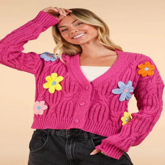 Plus Size Flower Applique Lovely Knit Sweater Cardigan HOT PINK {5}