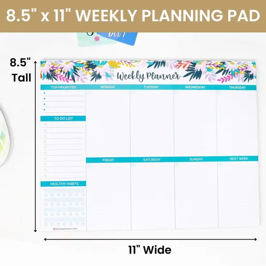 bloom daily planners Planning Pad, 8.5" x 11", Horizontal Weekly Planner, Teal Floral {3}