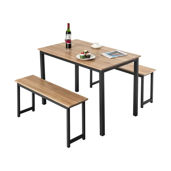 3 Pieces Dining Table Set with 2 Benches for Dining Room Kitchen Bar Brown {7}
