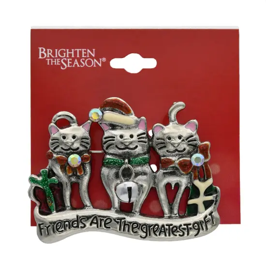 Silver Finish "Friends Are the Greatest Gift" Cat Pin Brooch {2}