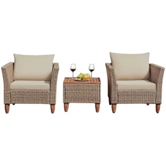 3 Pieces Patio Rattan Furniture Set With Washable Cushion for Yard Porch Beige {4}