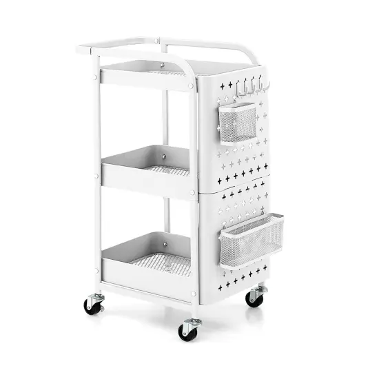 3-Tier Utility Storage Cart with DIY Pegboard Baskets and 4 Hanging Hooks for Any Room White {8}