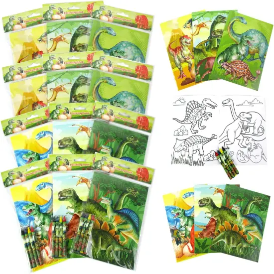 TINYMILLS Jurassic Dinosaur Coloring Book Set, 12 Books, 48 Crayons, Kids Activity Birthday Party Favors {1}
