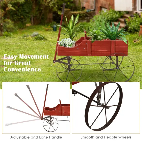 Rustic Wooden Wagon Planter with Metal Wheels Small Garden Cart for Flowers Outdoor Decor Red {6}