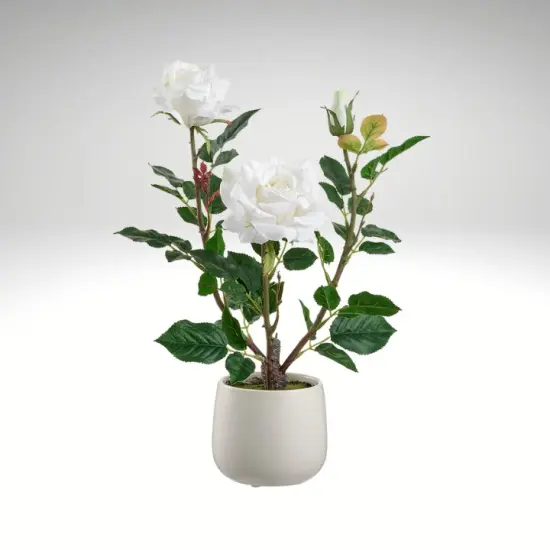 16.1" Artificial White Rose in Ceramic Vase | Elegant Faux Floral Table Decor {2}
