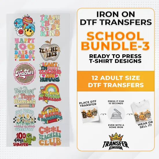 School Bundle Iron on DTF Transfer Bundle 3 - 12 Best Seller Ready To Press T-shirt Designs {1}
