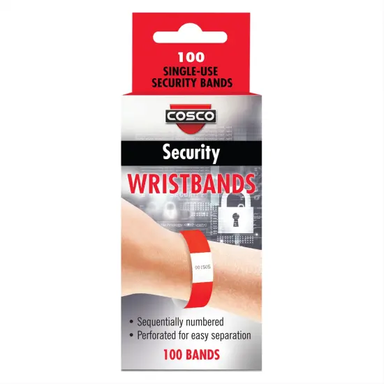 COSCO Security Wristband, Tamper Resistant, 10" x 3/4", Red, 100 bands (20 perforated sheets of 5 bands each) {4}