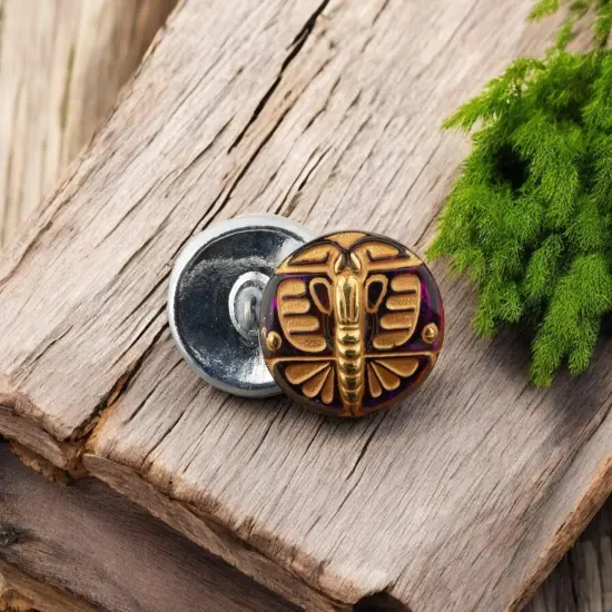 29x22mm Oval Art Deco Butterfly Purple Blue Iridescent Finish with Gold Wash and Gold Paint - CzechGlass Buttons {1}