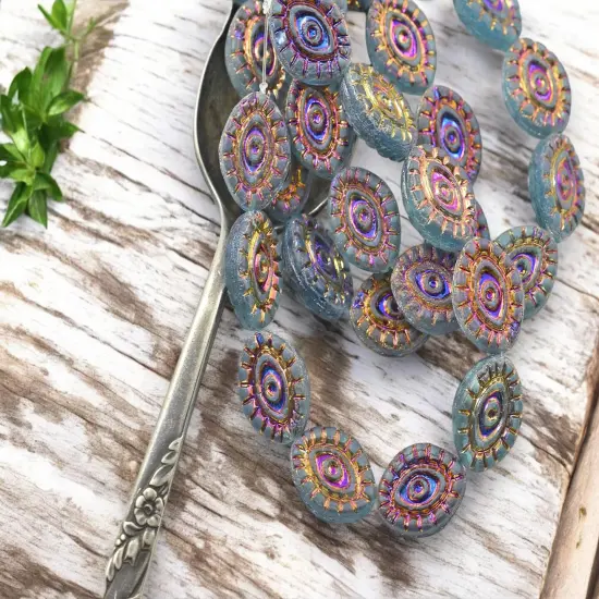 *10* 14x11mm Metallic Volcano Washed Matte Translucent Blue Aqua Mystic Eye Beads {4}