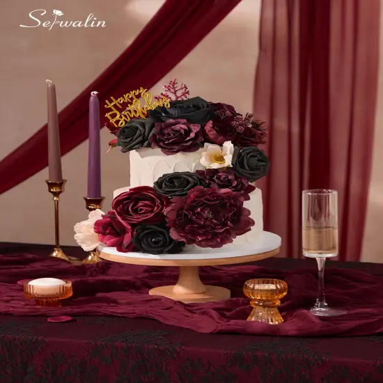 Artificial Burgundy Roses Black Flowers Bouquets(Dark Red) {2}