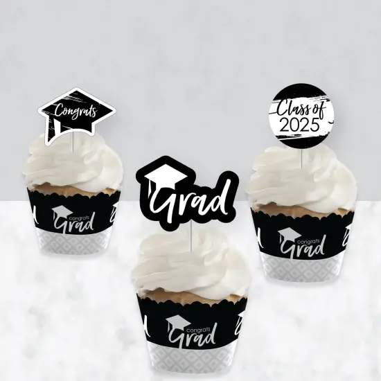 Big Dot of Happiness 2025 Black and White Graduation Cupcake Decoration - Party Cupcake Wrappers and Treat Picks Kit - Set of 24 {4}