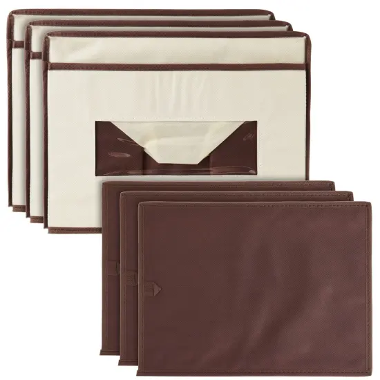 3 Pack Stackable Storage Bins With Lids, Handles, Foldable for Closet Organization (12 Inch, Cream) Brown {4}