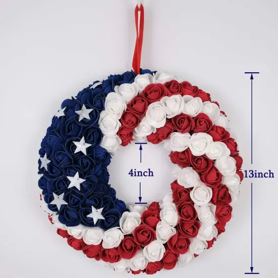 July 4th Wreath Patriotic Americana Wreath Boxwood Handcrafted Memorial Day Wreath Festival Garland Decoration Front Door Wall Home Decor (Blue) {2}