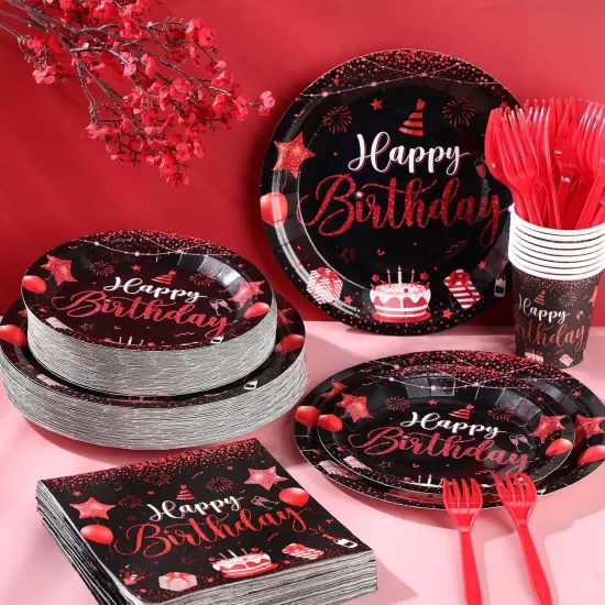 120 Pcs Happy Birthday Party Supplies Disposable Party Tableware Serves 24 Included 7 Inch 9 Inch Plates Napkins Cups Forks for Men Woman 50th Birthday Party Decorations (Black and Red) {2}