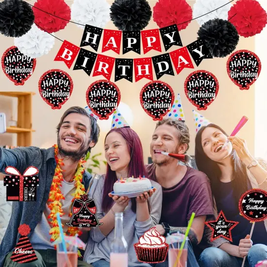 Birthday Decorations Red Black, Happy Birthday Party Decorations for Men Women Boys Girls (48pack), Happy Birthday Banner Gifts, Double-Sided Pattern Card, 9 Pompoms, Hanging Swirl Bday Decor Supplies {2}