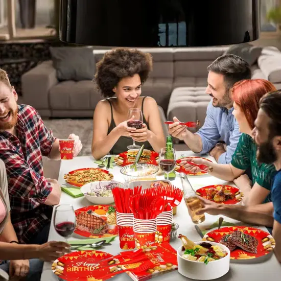 168 Pcs Red and Gold Party Supplies Tableware Set Happy Birthday Plates, Knife,Forks,Spoons, Cups and Napkins Table Decorations {5}