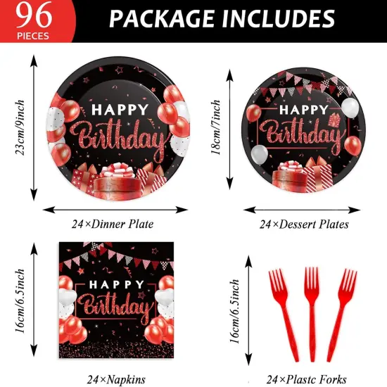 96 Pieces Red and Black Tableware Set Confetti Sprinkles Happy Birthday Party Decorations Table Decors for Men Women Plates Napkins Forks for 24 Guests {2}