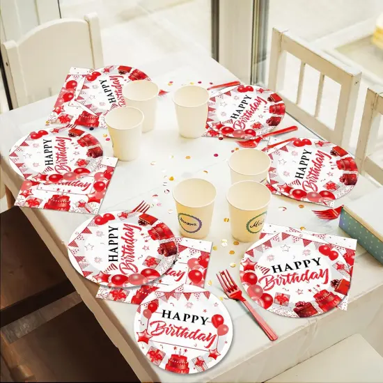 96pcs Red White and Gold Birthday Plates Napkins Forks Party Tableware Set Confetti Sprinkles Happy Birthday Party Decorations Red Table Decors for Men Women for 24 Guests {5}