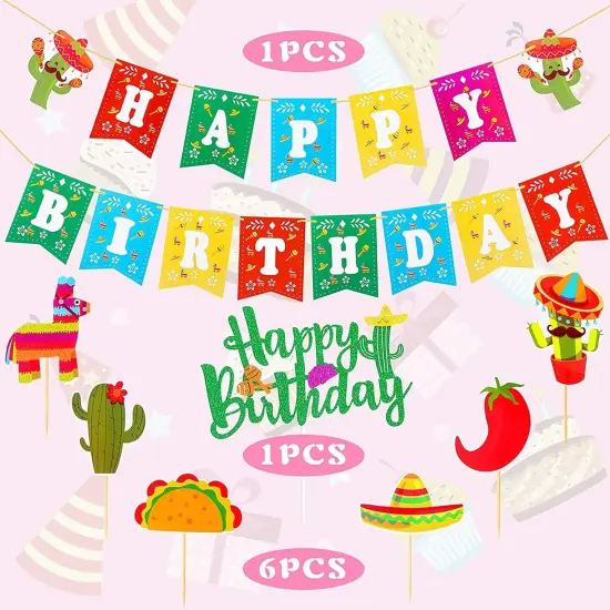 Mexican Theme Birthday Party Decorations Set, Fiesta Party Supplies, Pre-Strung Happy Birthday Banner, Cupcake Cake Toppers, Cactus Taco Ceiling Hanging Swirls, Mexican Cinco De Mayo Party Supplies {2}
