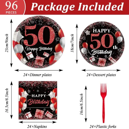 96 Pcs 50th Birthday Plates and Napkins Party Supplies 50 Years Old Birthday Party Tableware Set Red Black Dinner Dessert Plates 50th Birthday Decorations Favors for Man Women for 24 Guests {2}