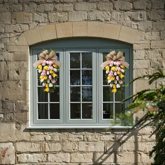 Artificial Tulips Teardrop Swag with Burlap Bow {4}