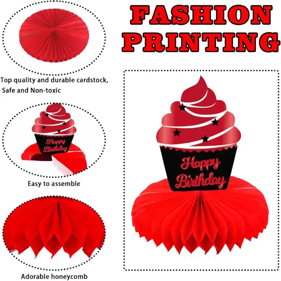 Happy Birthday Red and Black Table Honeycomb Centerpieces Balloons Theme Decor Table Decorations Table Toppers for Girls Women Princess 6th 21st 30th 40th 50th 60th Birthday Party Bday Supplies Gold {2}