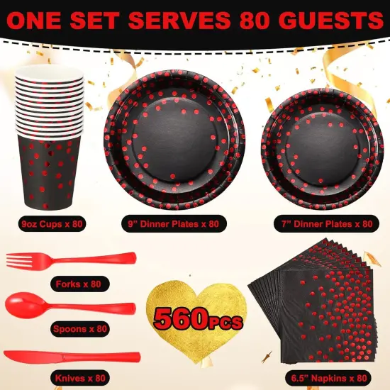 560 Pcs Black and Red Party Supplies for 80 Guests - Disposable Dinnerware Set with Black and Red Paper Plates, Napkins, Cups, Plastic Forks, Knives and Spoons {2}