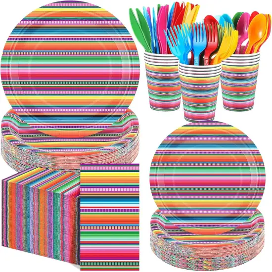 400 Pcs Mexican Party Supplies Mexico Stripes Disposable Paper Plates Napkins and Cups Mexican Tableware Decorations for Cinco De Mayo Dance Pinata Taco, Birthday Party {1}
