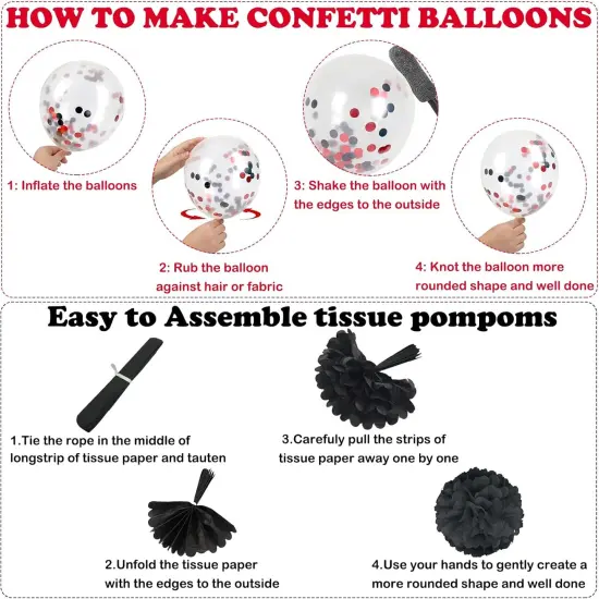 Red and Black Birthday Decorations Kit with Happy Birthday Banner, Balloons, Paper Confetti, Tissue Paper Pom Poms & Hanging Swirl for Party Decoration {3}