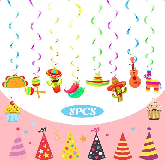 Mexican Theme Birthday Party Decorations Set, Fiesta Party Supplies, Pre-Strung Happy Birthday Banner, Cupcake Cake Toppers, Cactus Taco Ceiling Hanging Swirls, Mexican Cinco De Mayo Party Supplies {3}