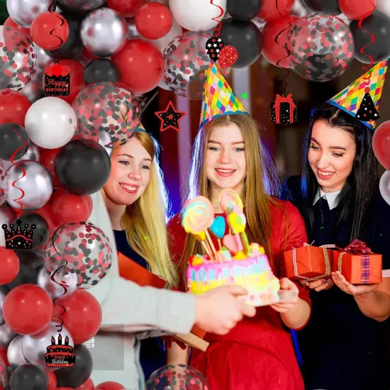 Red and Black Birthday Decorations - Arch Garland Kit with Happy Birthday Banner Backdrop, Hanging Swirls for Party Decor Supplies {2}