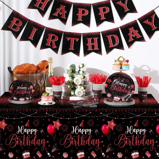 171 Pcs Happy Birthday Party Supplies 24 Set Disposable Party Tableware include Plates Cups Napkins Cutlery and Banner Tablecloth Birthday Dinner Decorations for Men Woman(Black, Red) {5}