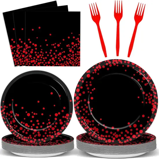 96 Pcs Black and Red Party Plates and Napkins Party Supplies Red Dot on Black Party Birthday Tableware Set Decorations Favors for Birthday Baby Shower Serves 24 {1}
