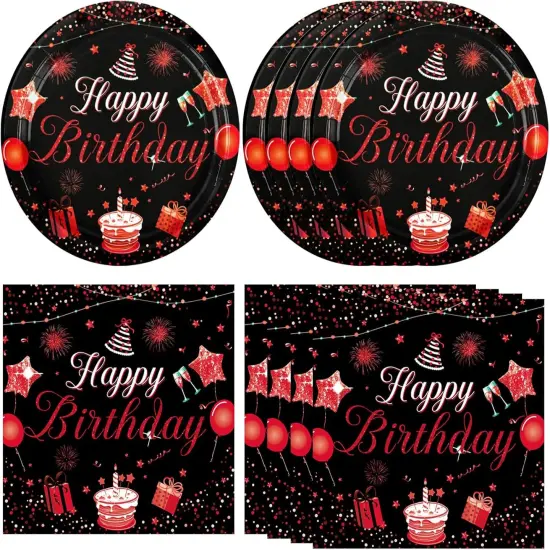 40 PCS Happy Birthday Decorations for Men Women Red and Black Birthday Party Decorations Included 20 Plates and 20 Napkins Red Party Tableware Set for Happy Birthday Party Supplies {1}
