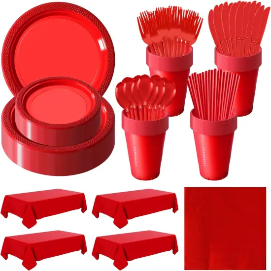 Disposable Plastic Tableware Set-484PCS Plastic Plates Set Includes 60 Of Each Dinner ＆ Dessert Plates, Cups, traws, Spoons, Forks & Knives for Party (Red, 484PCS（60 Guests）) {1}