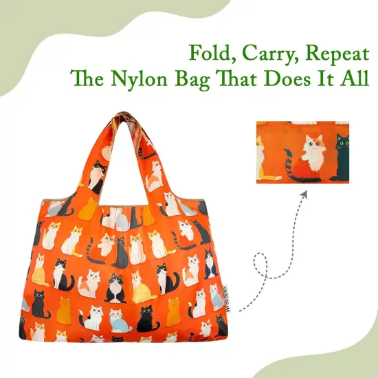 Wrapables Large & Small Foldable Tote Nylon Reusable Grocery Bags, Set of 2, Orange Kitties {4}