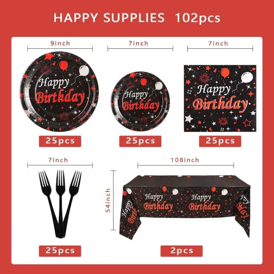 Red and Black Birthday Party Supplies, Happy Birthday Plates and Napkins Set With Birthday Tablecloth, Red and Black Birthday Decorations Serve 25 Guests {3}