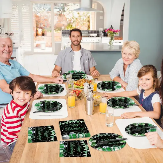 200PCS Green and Black Silver Party Tableware Set Confetti Sprinkles Green Birthday Plates Napkins Forks Table Decors for Men Women, 50 Guests {5}