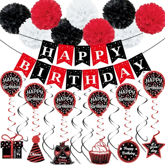 Birthday Decorations Red Black, Happy Birthday Party Decorations for Men Women Boys Girls (48pack), Happy Birthday Banner Gifts, Double-Sided Pattern Card, 9 Pompoms, Hanging Swirl Bday Decor Supplies {1}