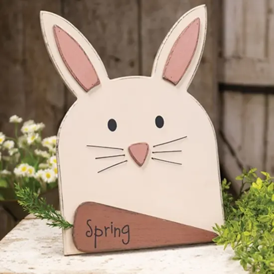 Decorative Bunny Head Figurine with Carrot and Wooden Easel for Spring Display {2}