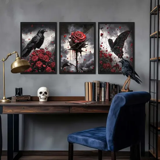 Set of 3 Gothic Wood Framed Halloween Canvas Wall Art {4}
