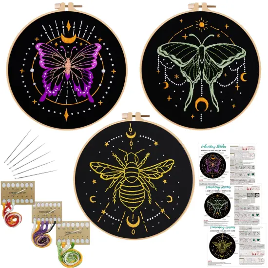 3 Sets Tarot Embroidery Kits for Beginners,Cross Stitch Kit for Adults,Crewel Starters Needlepoint with Moon, Butterfly, Bee and Moth Pattern and Tool {1}