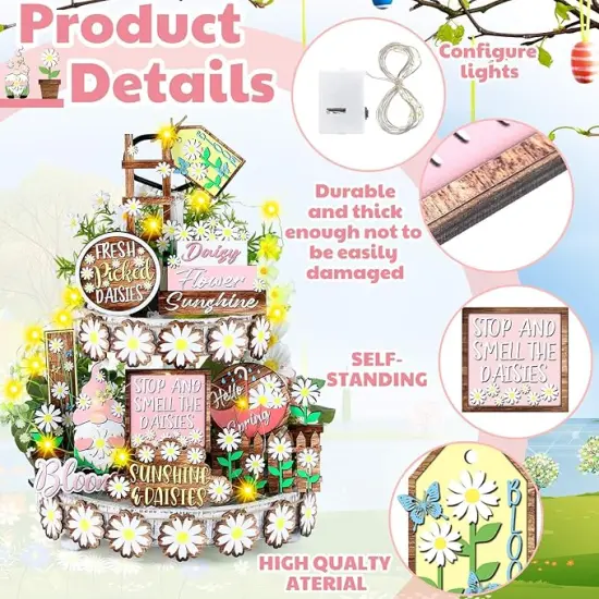 15 Pcs St. Patrick's Day Tiered Tray Decor Set St Patrick's Day Decoration Easter Wooden Table Sign Easter Tiered Tray Decorations Farmhouse Tabletop Decorations for Home Kitchen(Flower) {4}