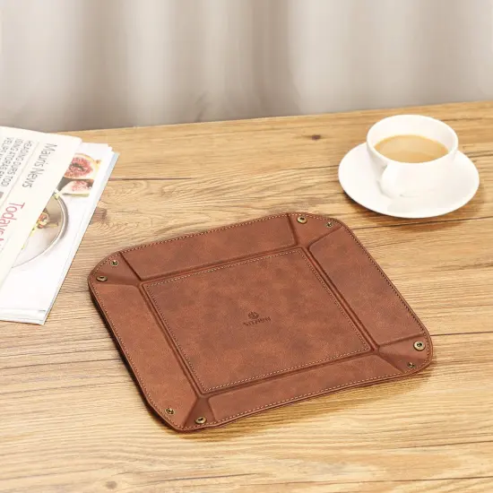 SITHON Valet Tray Desktop Storage Organizer &ndash; Premium PU Leather Catchall Bedside Vanity Tray Nightstand Caddy Holder for Remote Controller, Keys, Phone, Wallet, Coin, Jewelry, Brown {4}