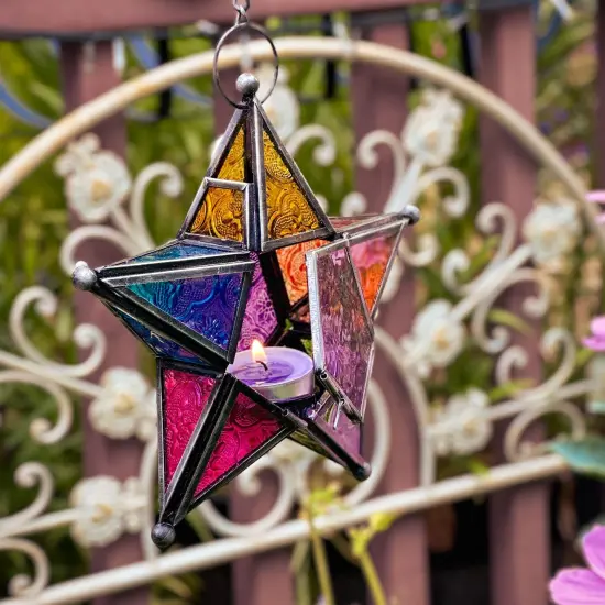 In the Breeze 9216 — Multi-Colored 5-Point Star Tealight Lantern — Moroccan-Style Boho Chic Glass and Metal Tealight Hanging Lantern {2}