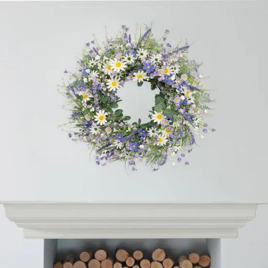 22 Inches Spring Wreaths for Front Door Blue Spring Floral Wreath Summer Wreath with Daisy Lanvender {4}