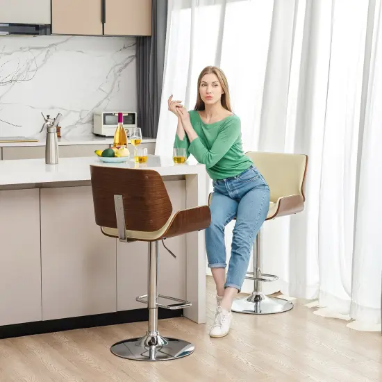 Set of 2 Mid-century Modern Leatherette Adjustable Height Swivel Bar Stool with Black Metal Base Beige {2}