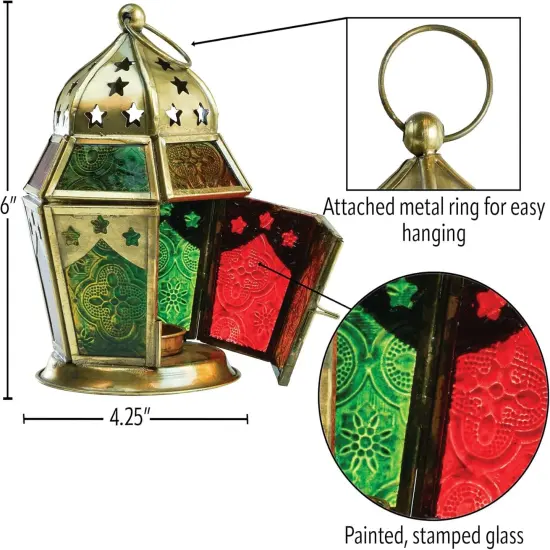 In the Breeze 9211 &mdash; Red, Yellow & Green Hex Tealight Lantern &mdash; Moroccan-Style Boho Chic Tealight Glass and Metal Tabletop Lantern {5}