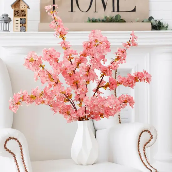Artificial Cherry Blossom Branches 3Pcs 40" Faux Silk Cherry Blossom, Fake Flowers with Leaves Bouquet Decorations for Home Living Room Bedroom Table Centerpiece Vase Wedding Decor (Pink) {5}